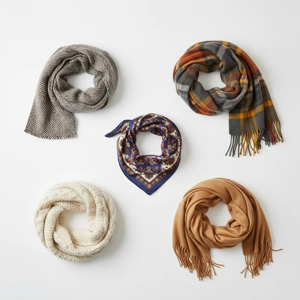 Different types of women's scarves including square, rectangular, infinity, blanket scarf and pashmina