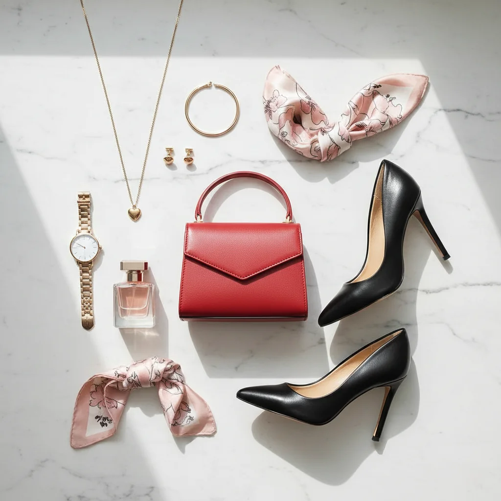Valentine's Day outfit accessories including gold jewelry clutch bag and heels flat lay styling