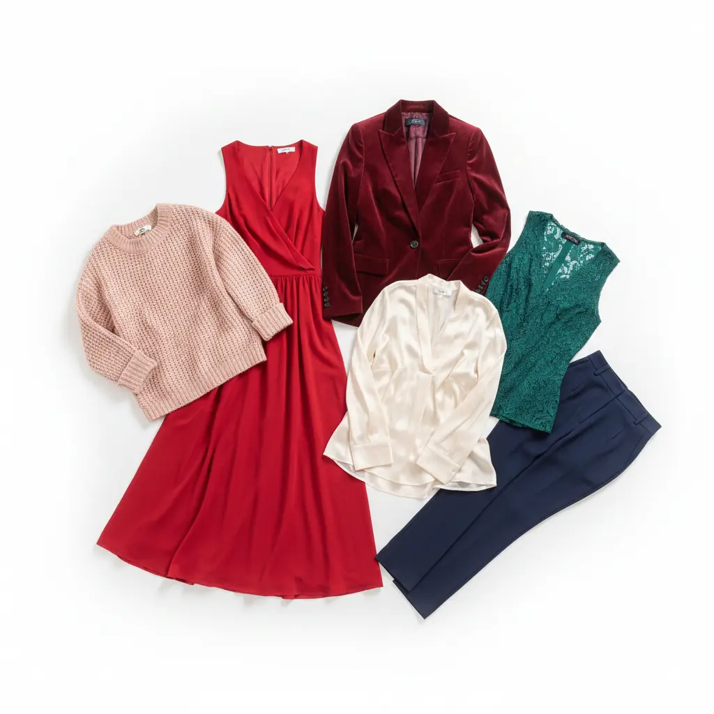 Valentine's Day outfit color palette showing red pink burgundy and jewel tone clothing options