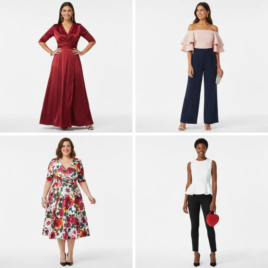 Valentine's Day outfit ideas for different body types showing flattering styles for various figures