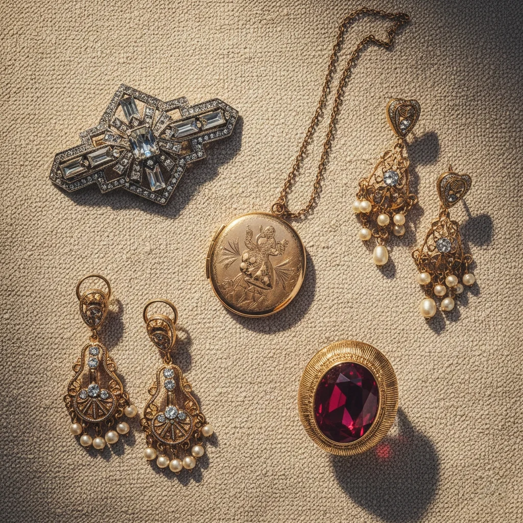 Vintage jewelry revival 2026 — Art Deco brooch, Victorian gold locket and mid-century cocktail ring arranged on cream linen, antique jewellery trend