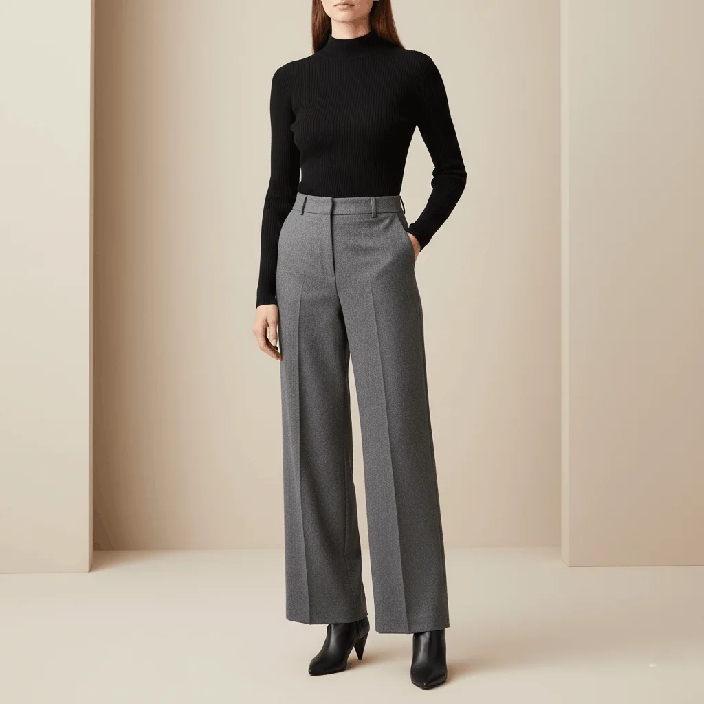 Wide leg pants with fitted mockneck sweater and pointed toe boots for winter