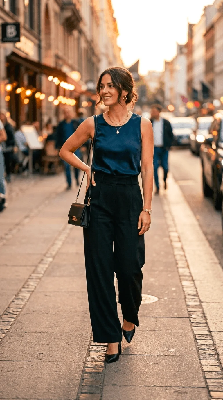 Wide-leg trousers with satin evening top work to dinner outfit idea for busy professional women