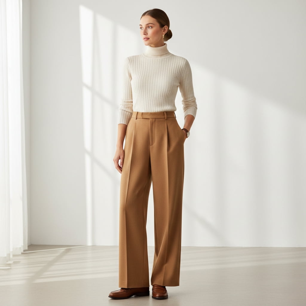 High-waisted wide-leg trousers paired with fitted knit top - trendy London outfit idea