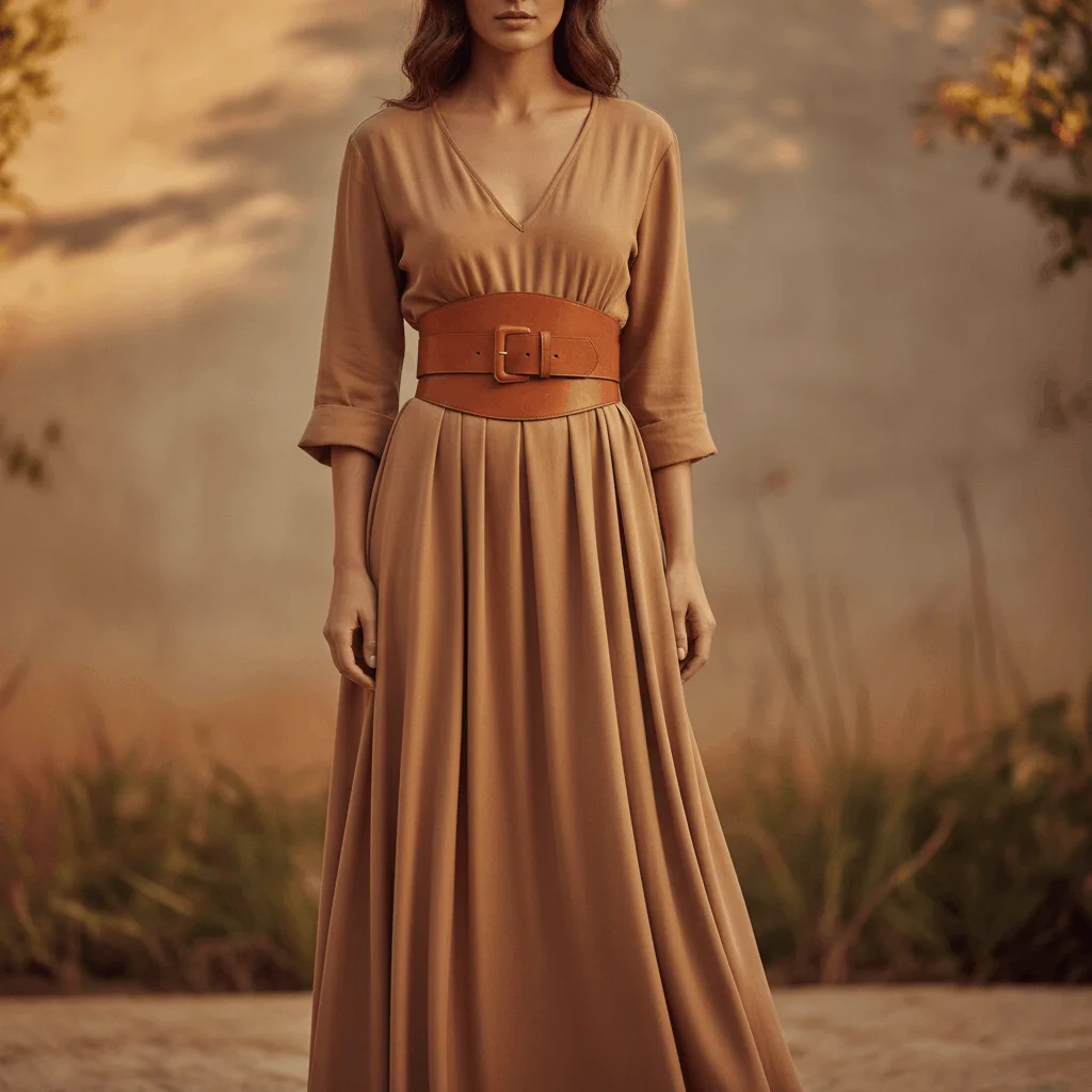 A woman in a flowing camel maxi dress wearing a wide brown leather waist belt, creating an hourglass silhouette — wide waist belt styling idea for dresses