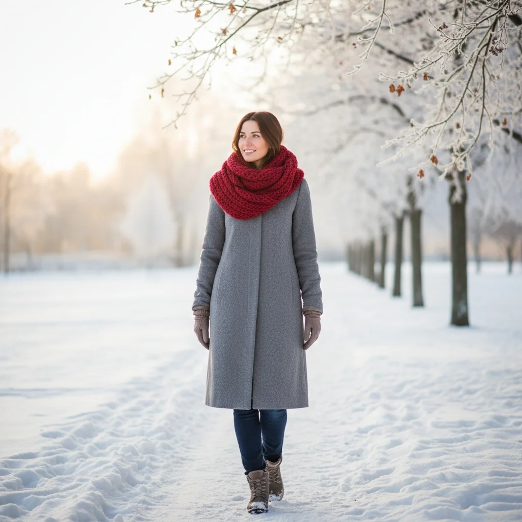 Winter scarf styling with thick cashmere scarf for warmth and style