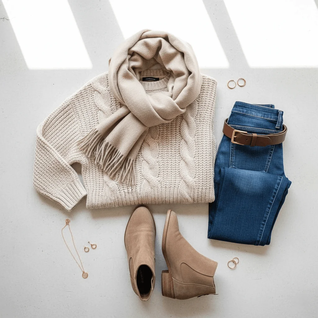 Flat lay of cozy winter wardrobe essentials and styling accessories in neutral colors