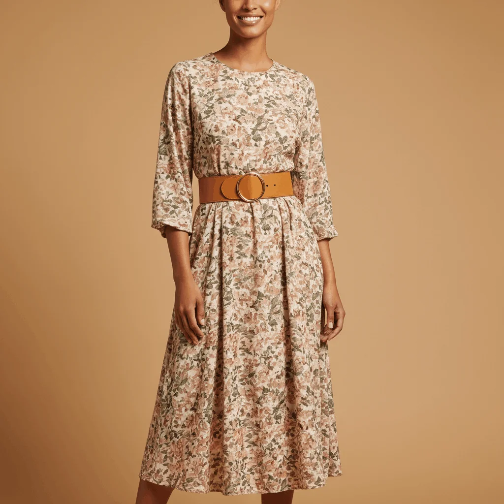 A woman wearing a floral midi dress cinched at the waist with a wide tan leather belt, standing against a neutral studio background — stylish belt outfit idea for women 2026