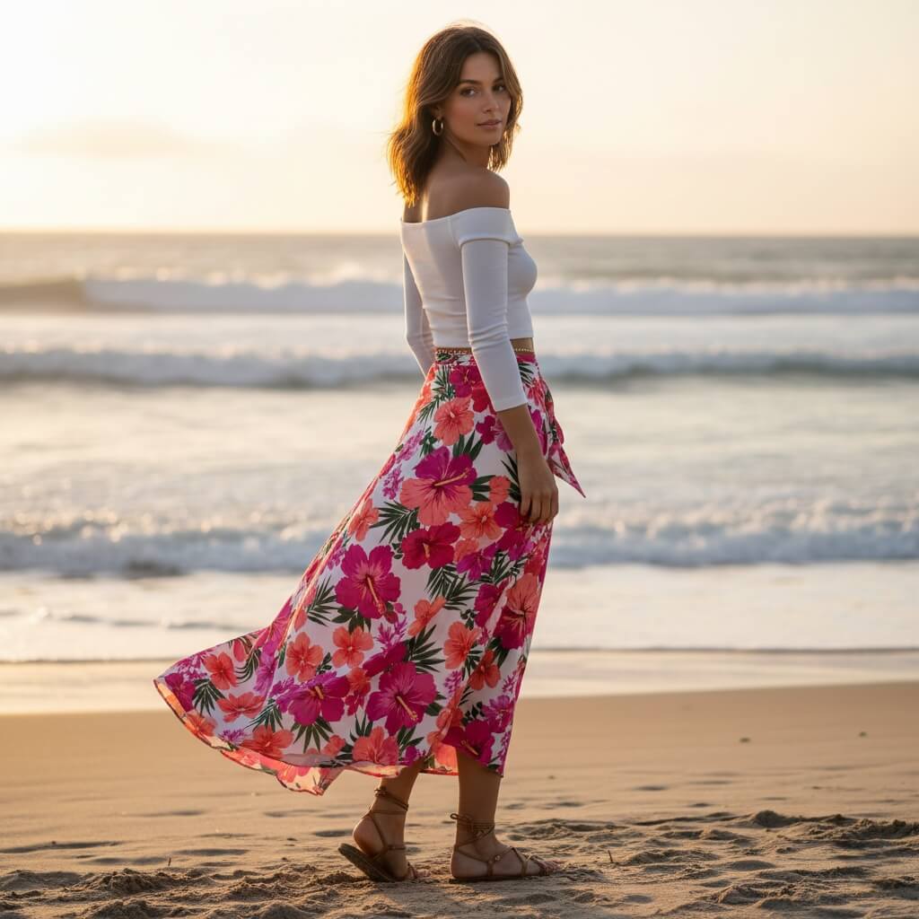 Romantic wrap skirt paired with off-shoulder top beach party outfit idea for women