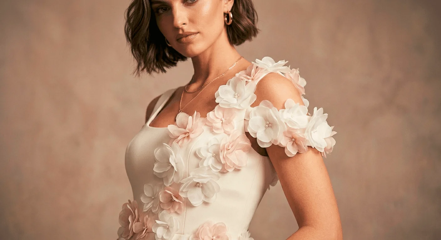 Close-up of a 3D floral dress for spring 2026 with dimensional fabric flower appliqués in white and blush climbing up the shoulder of a structured midi dress