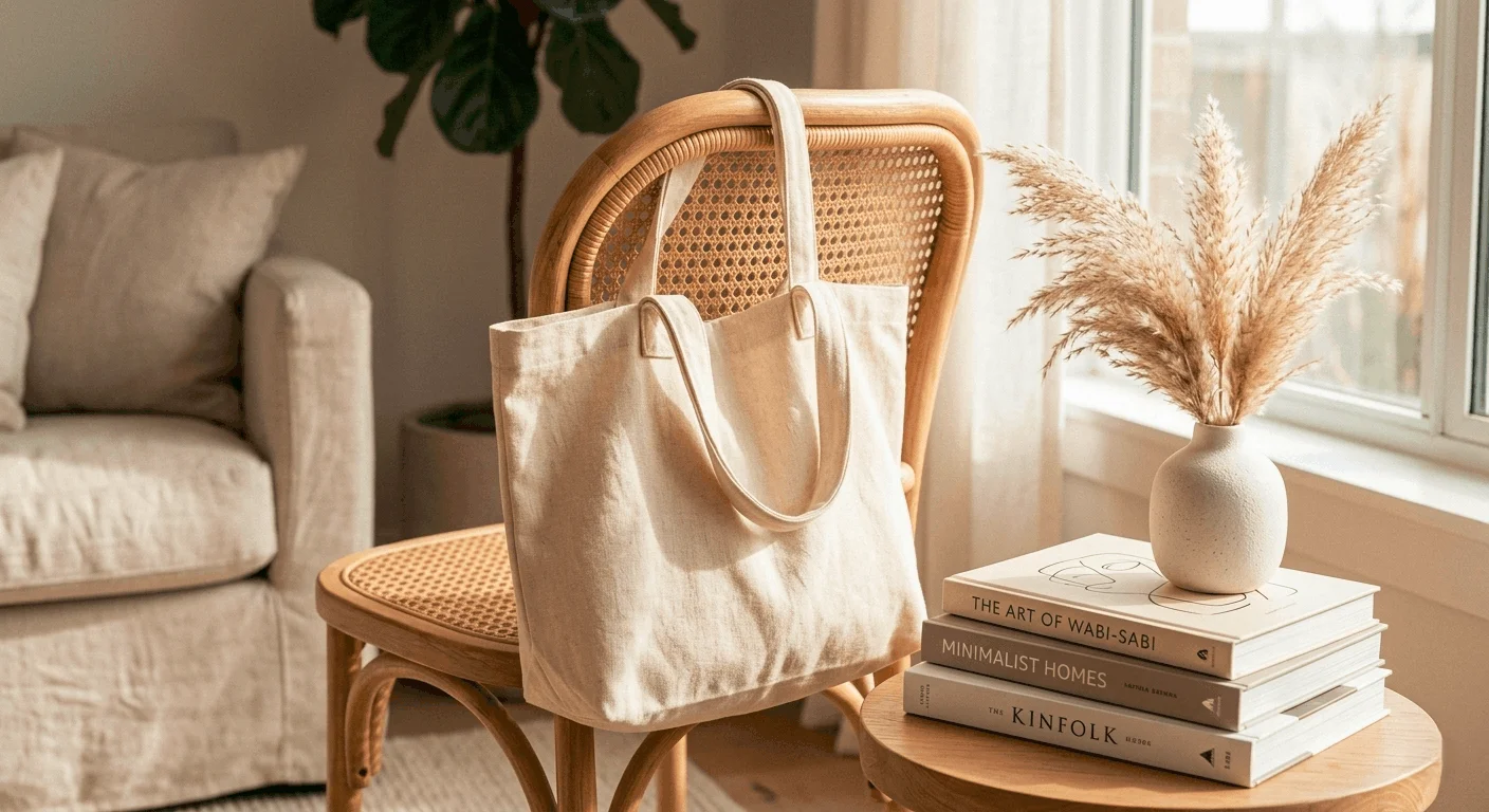 Cream linen tote bag draped over a rattan chair with books and dried flowers — one of the most aesthetic tote bags for minimalist style