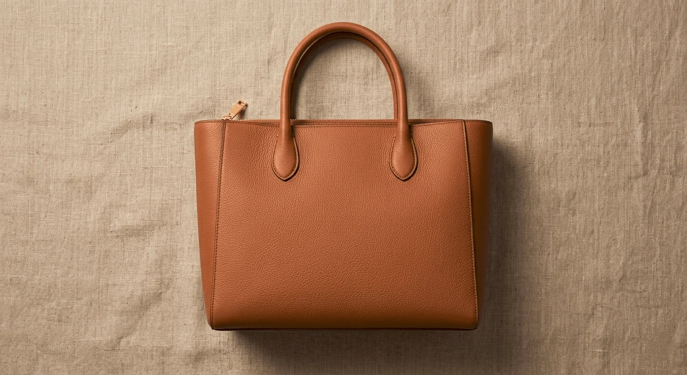 Caramel leather shopper tote bag on linen surface — an affordable luxury tote bag for women that looks high-end