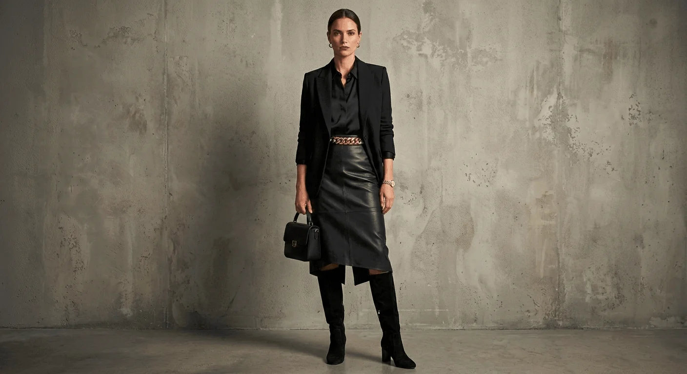 All-black outfit strong women style 2026 — black leather skirt silk blouse and blazer for Women's Day