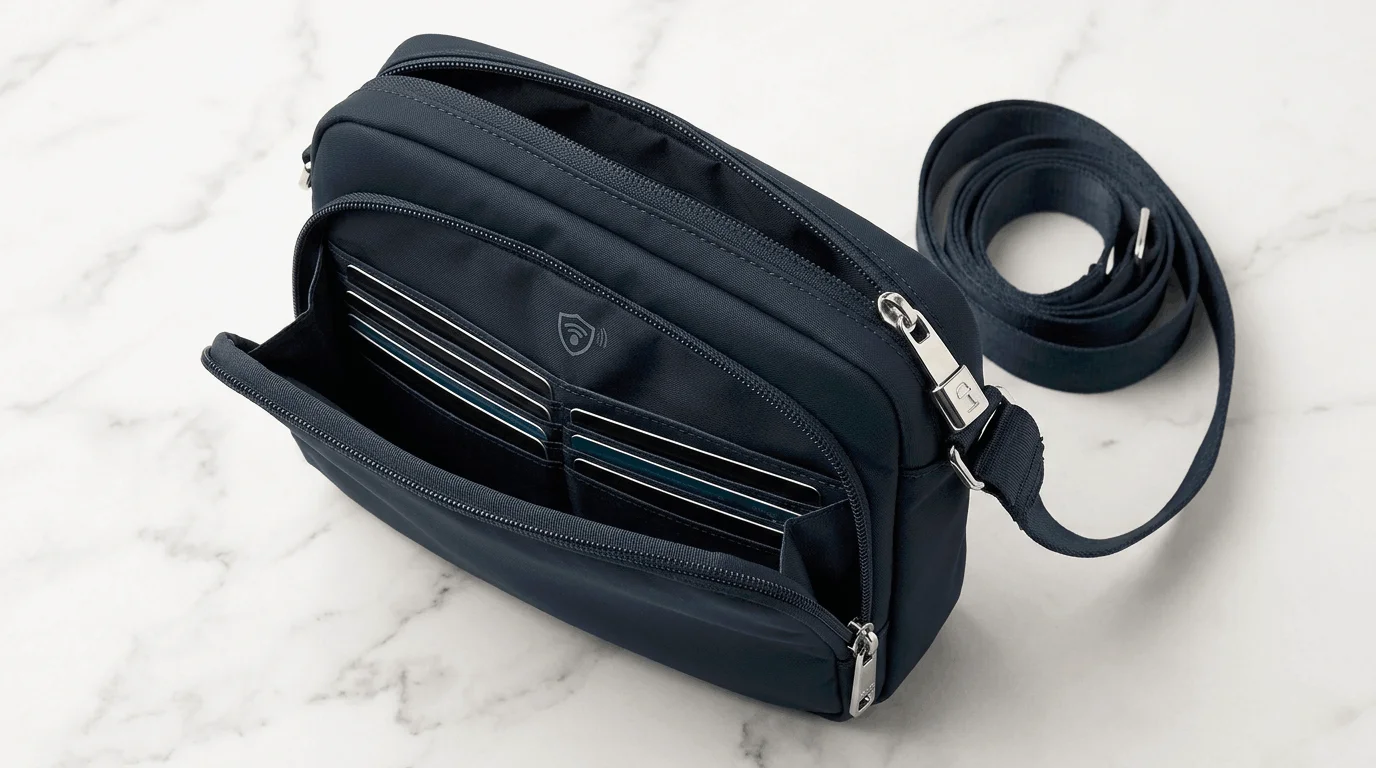 Anti-theft crossbody bag for women travel showing RFID blocking card slots and locking zipper security features