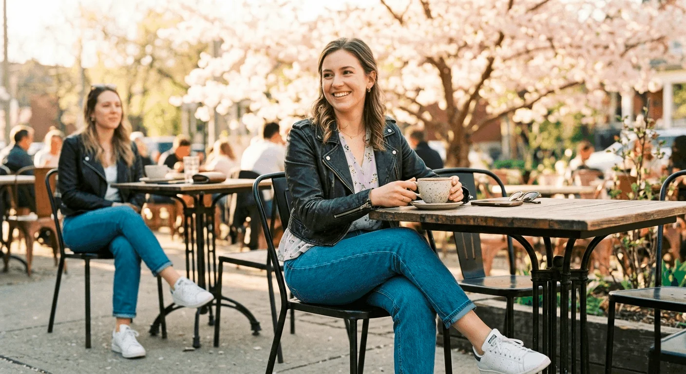 April outfit ideas for Canadian women – woman in leather jacket, floral blouse, and jeans at outdoor café in spring