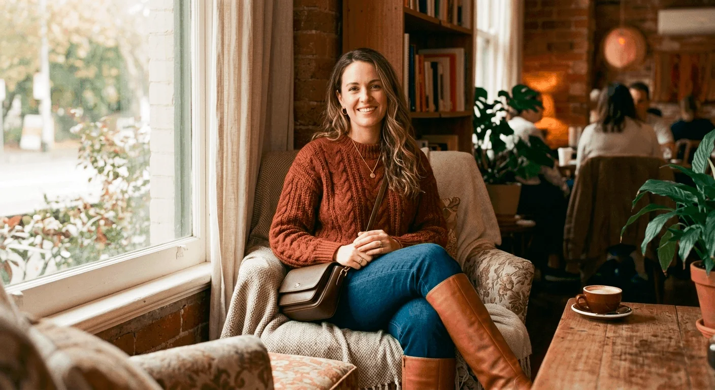 Autumn knitwear outfits Australia April 2026 — woman wearing chunky terracotta cable-knit sweater with dark jeans and knee-high boots