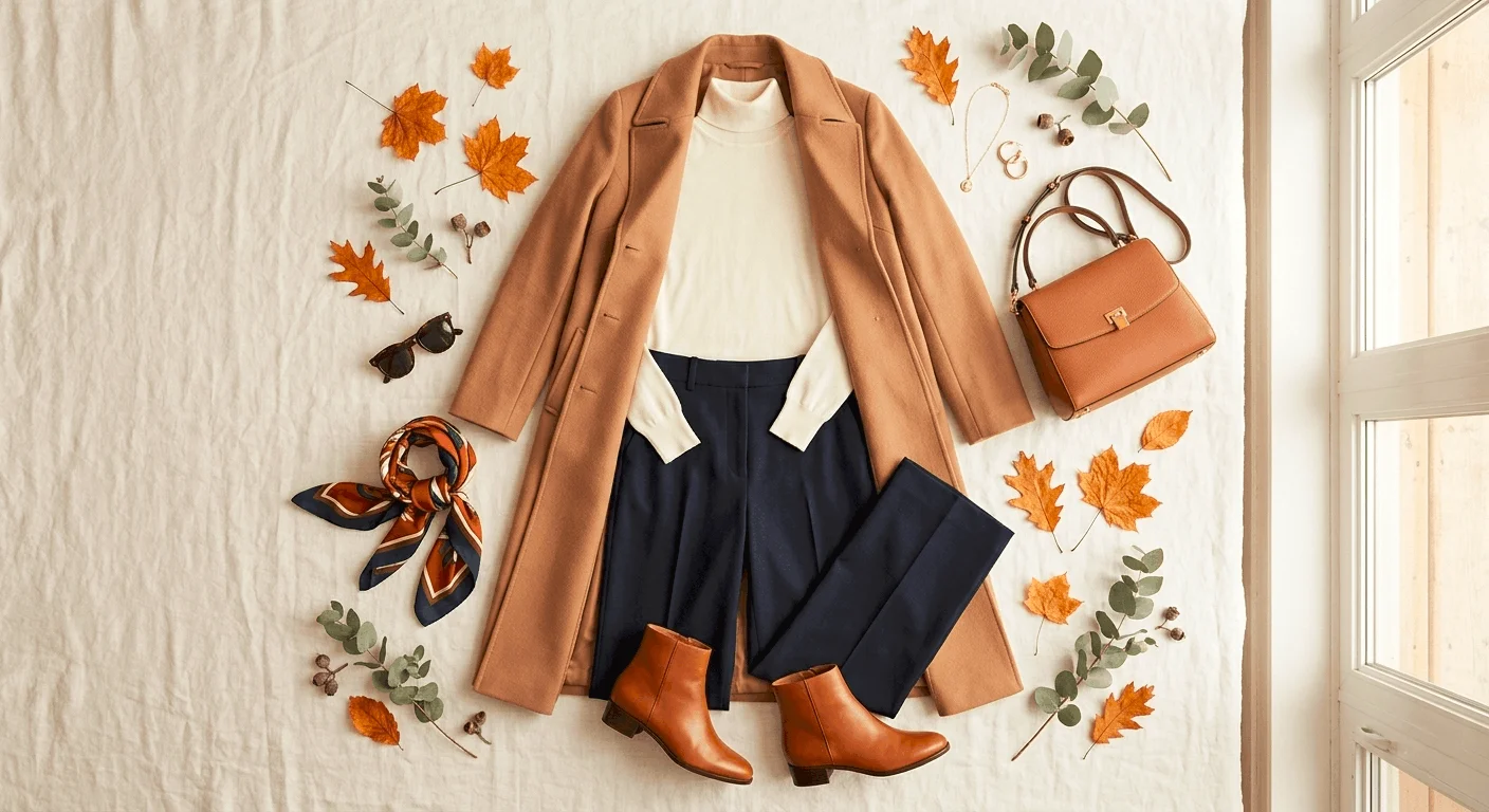 Autumn layering outfits Australia 2026 flatlay — turtleneck, wide-leg trousers, camel coat and ankle boots styled as the perfect layered autumn look