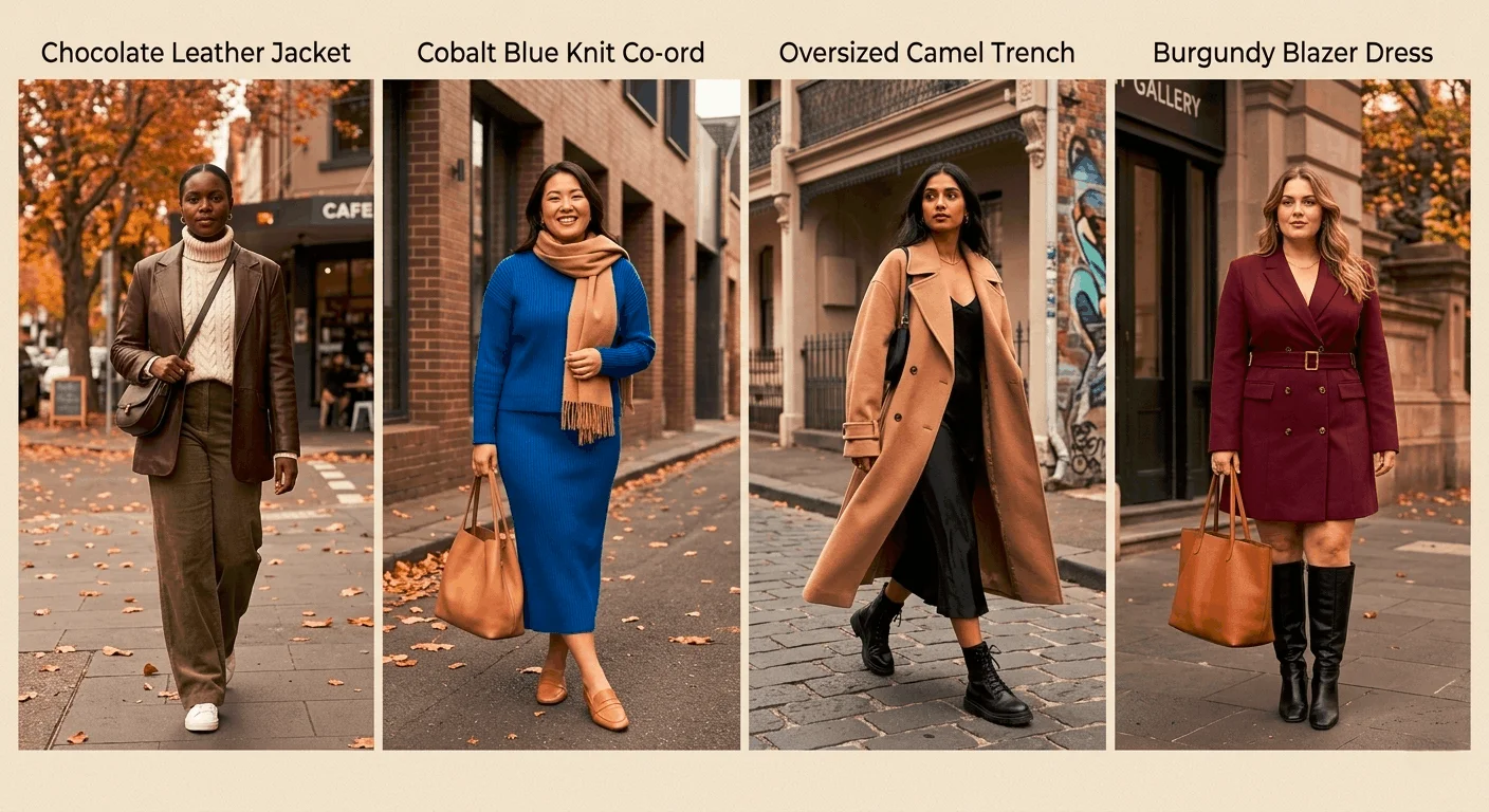Autumn street style Australia 2026 — four trending outfit ideas including cobalt co-ord, trench over slip dress, burgundy blazer dress and chocolate leather jacket looks