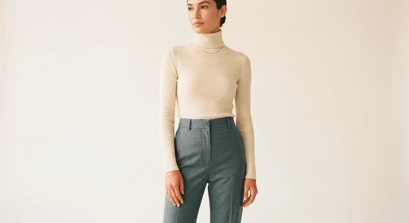 Woman wearing a cream ribbed turtleneck base layer with straight-leg grey trousers — spring transitional outfit idea for UK March weather