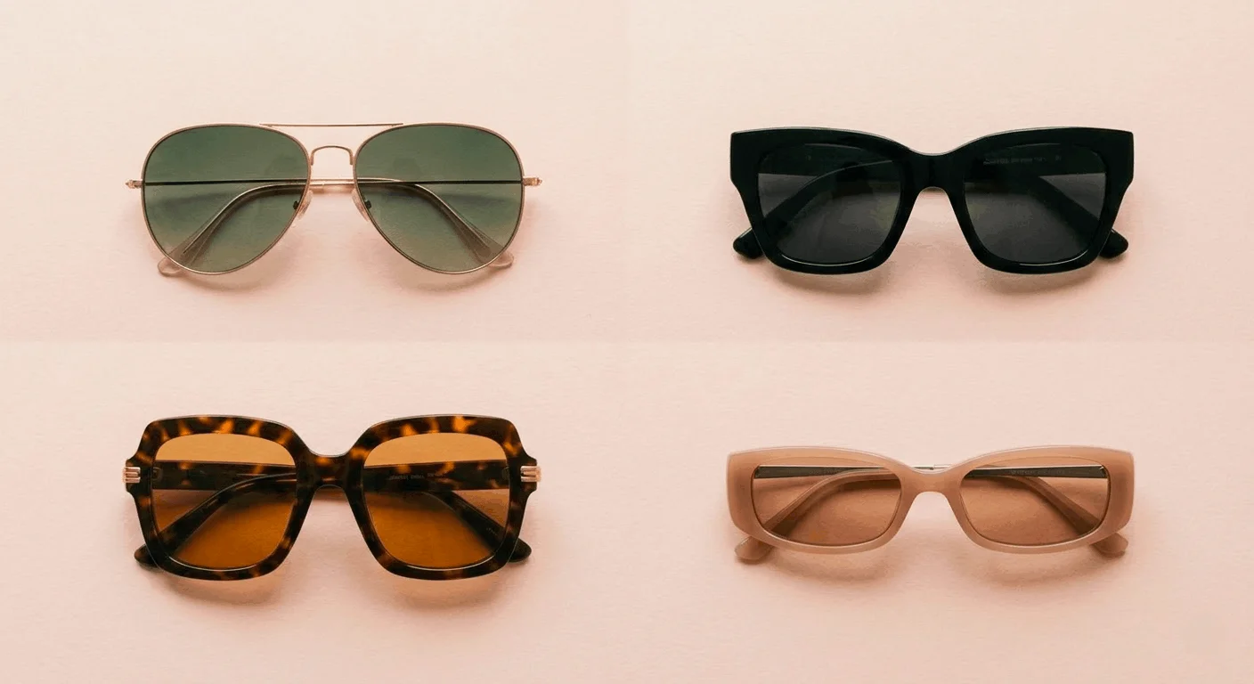 Best Amazon sunglasses women 2026 — four stylish frame shapes including aviator, cat eye, oversized square and slim rectangular