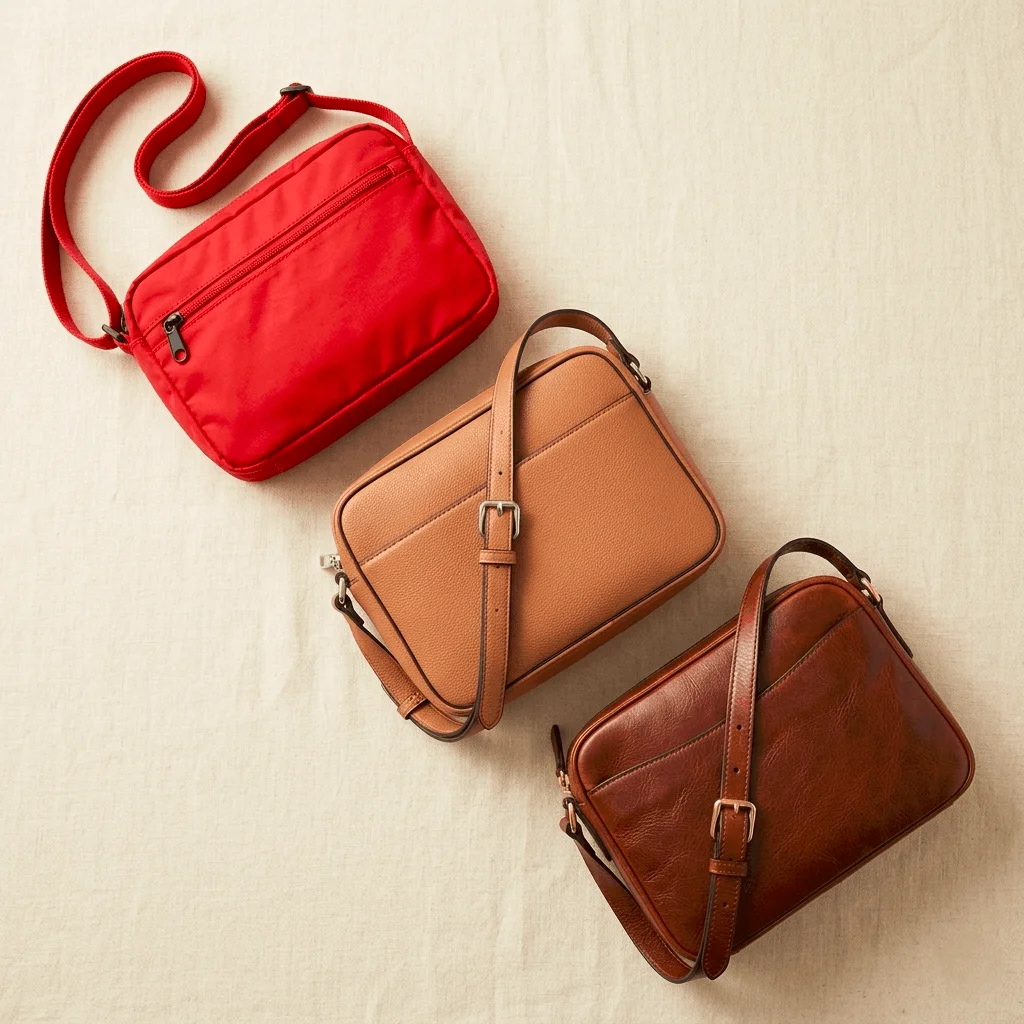 Three women's travel crossbody bags side by side showing budget, mid-range, and luxury price tiers for 2026