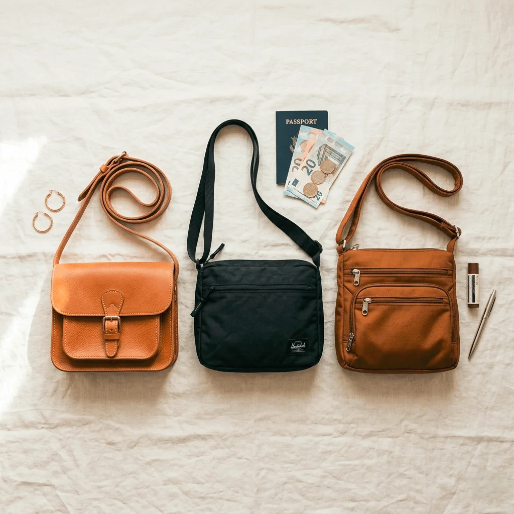 Flat-lay of the three best crossbody bags for women travel in 2026, arranged on white linen with travel accessories
