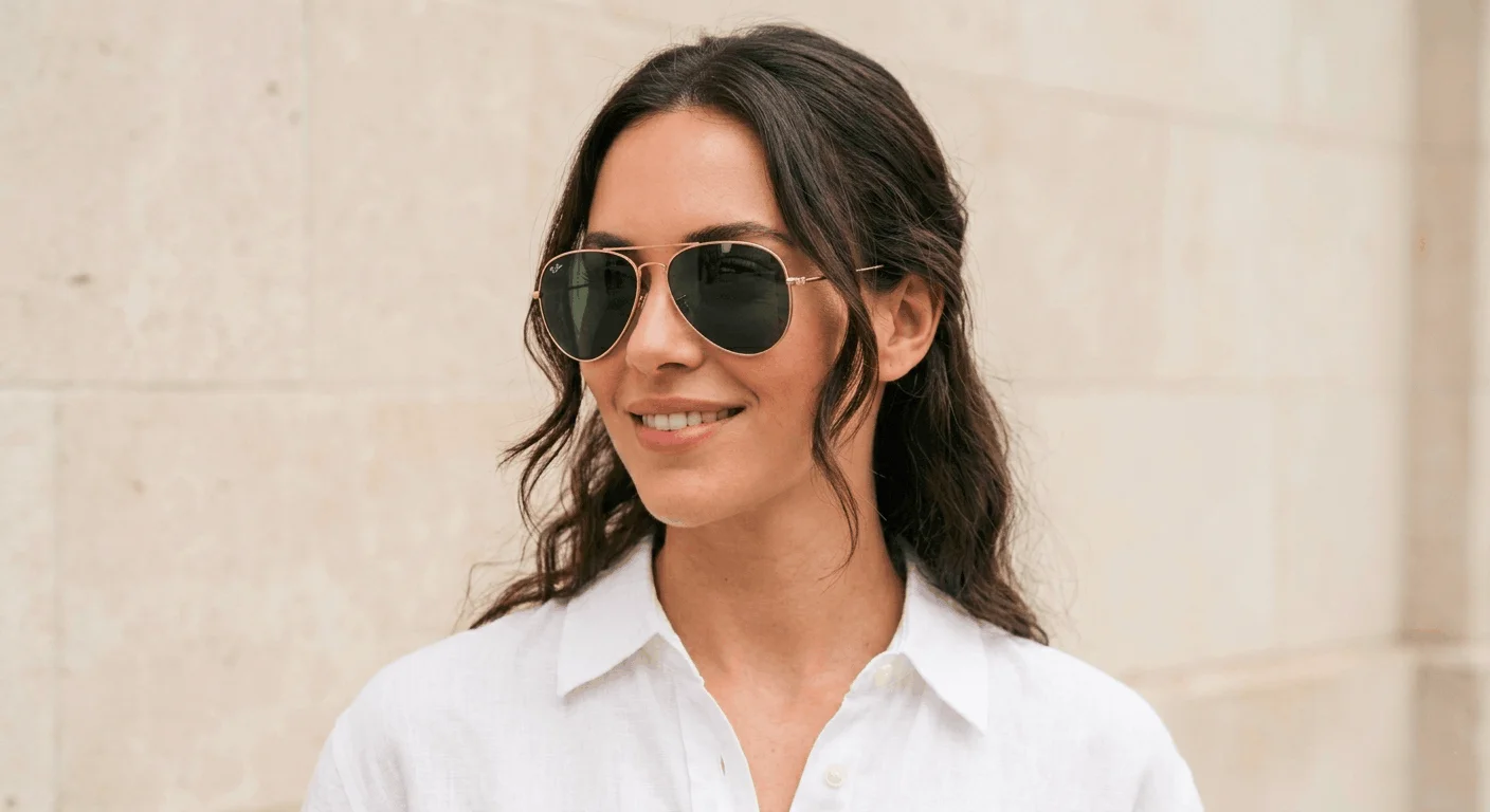 Best sunglasses for heart shaped face women — gold aviator frames with green lenses that balance a wide forehead and narrow chin