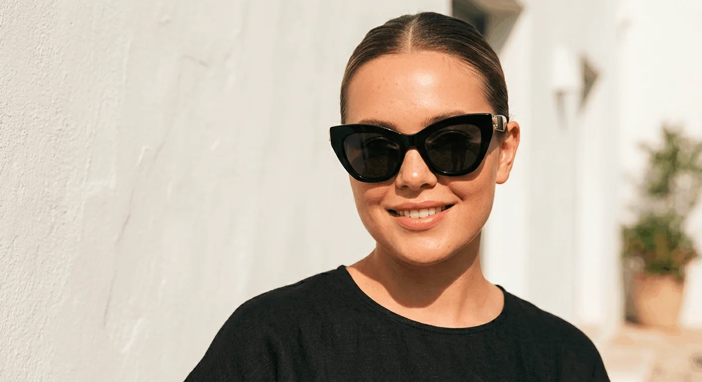 Best sunglasses for round face women — black cat eye frames that add definition and length to a round face shape
