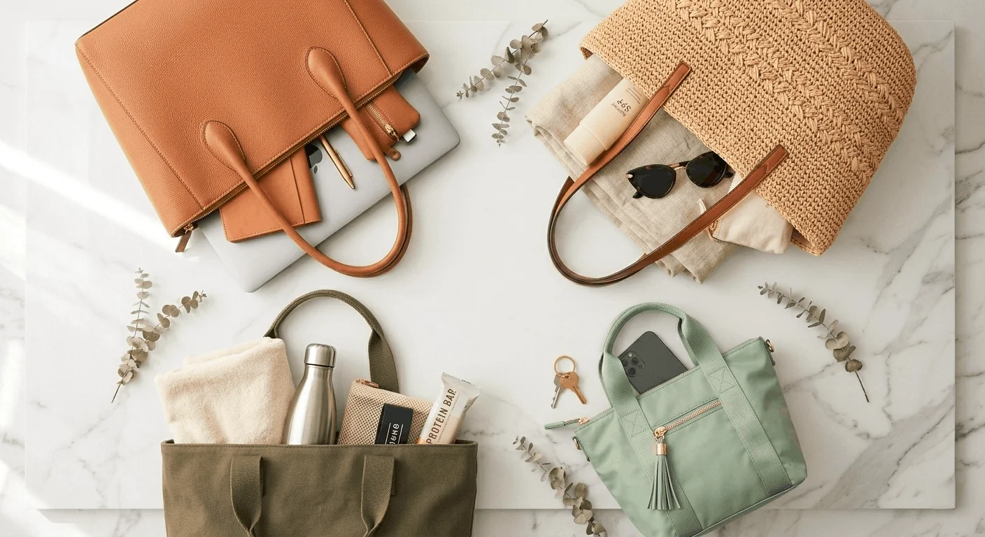 Structured black leather zip top tote bag on a work desk with laptop and coffee — one of the best tote bags for work and travel in 2026