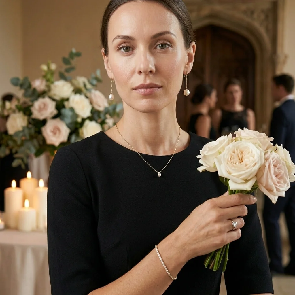 Black dress jewelry for a wedding – pearl drop earrings, tennis bracelet, and fine gold necklace for an elegant bridal guest look