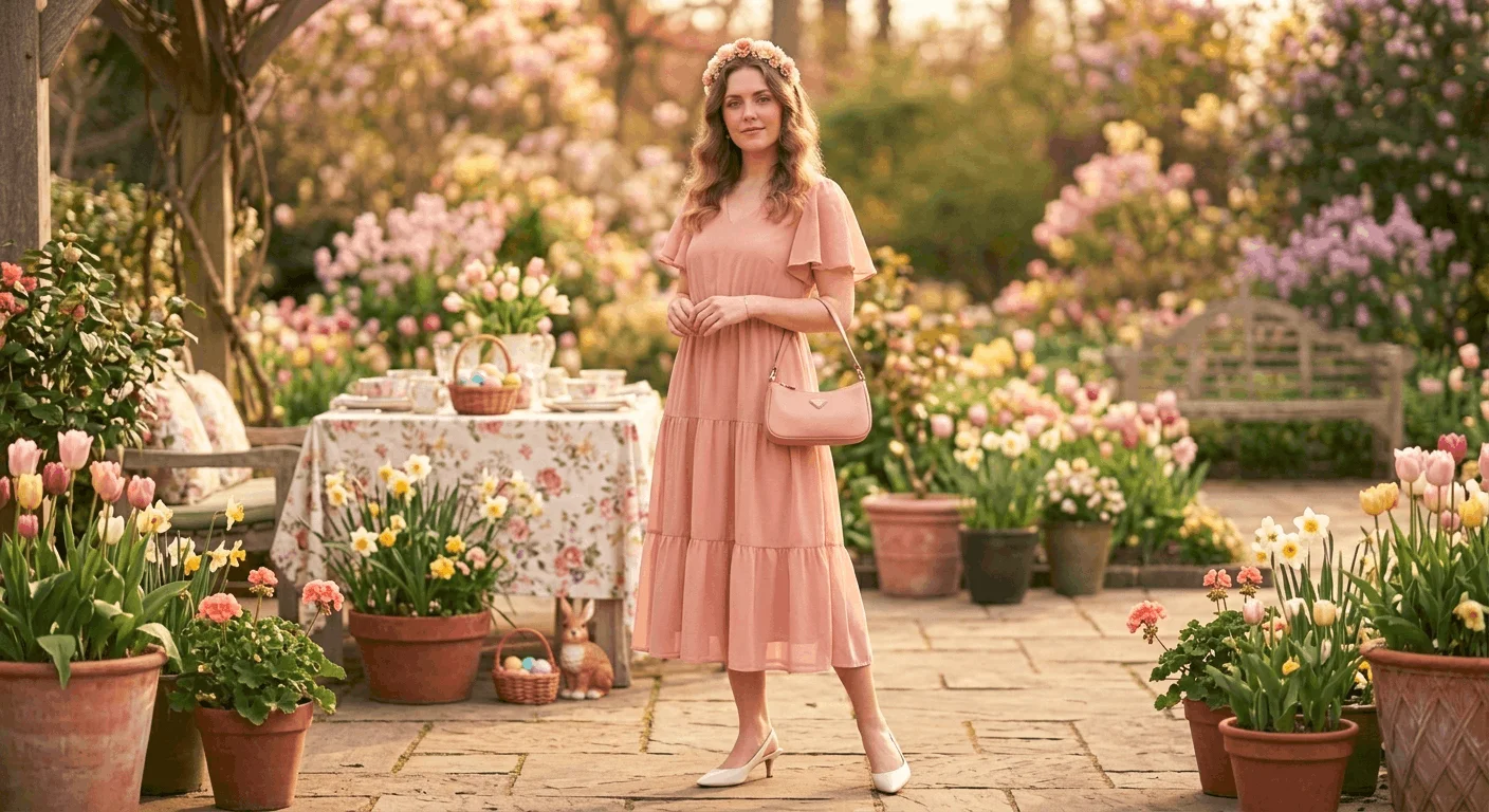 Woman in a blush pink tiered midi dress with flutter sleeves styled with white kitten heels and a floral headband as a cute Easter outfit for women 2026