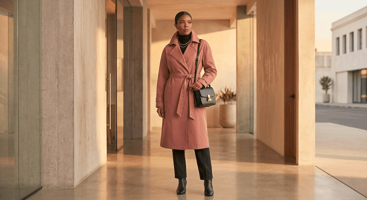Bold trench coat power dressing look for International Women's Day 2026 — dusty rose belted trench on confident woman