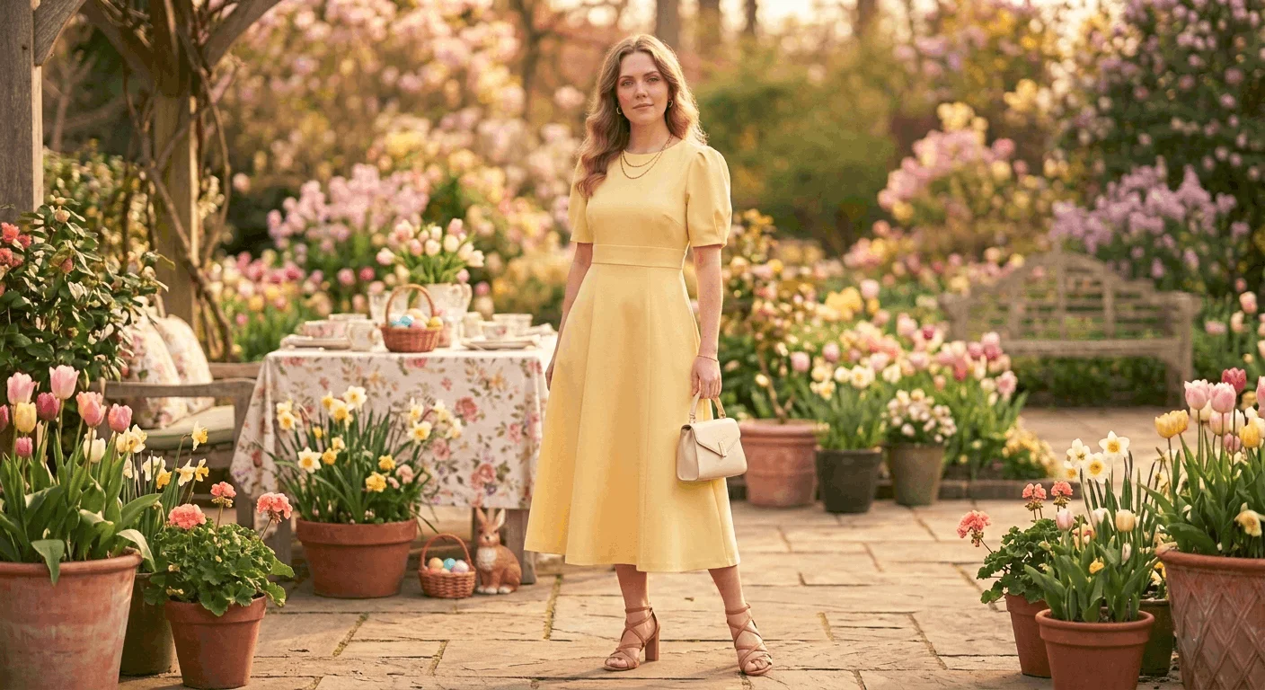 Woman wearing a structured butter yellow A-line midi dress with tan strappy sandals and gold jewelry as an Easter dress for women in 2026