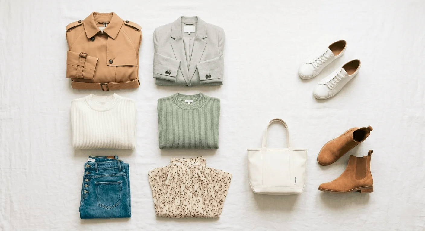 Canadian spring capsule wardrobe essentials for women – flat lay of trench coat, blazer, knit sweaters, jeans, midi skirt, and boots