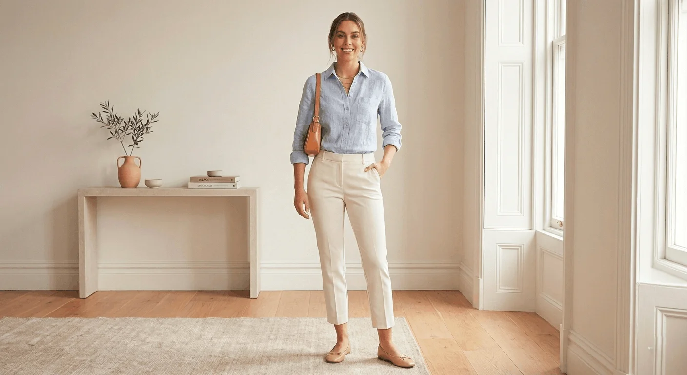 capri pants 2026 spring outfit women cream tailored trousers with linen shirt and ballet flats