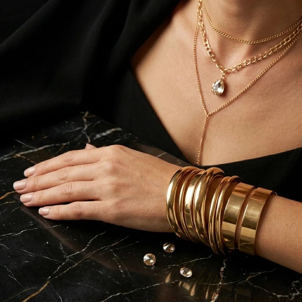 Chunky gold bracelets and layered necklaces – top little black dress accessories and jewelry trends for 2026