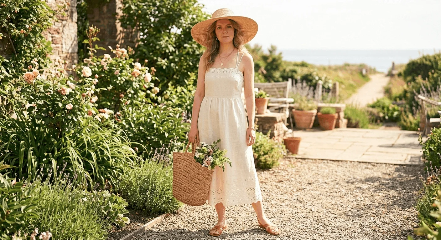 Woman wearing an off-white broderie anglaise linen midi dress with straw hat and tan sandals as a coastal chic Easter outfit for women 2026