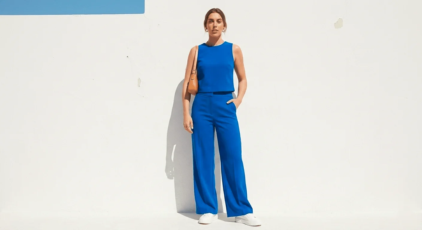 cobalt blue outfit spring 2026 matching co-ord set wide leg trousers and fitted top with white trainers