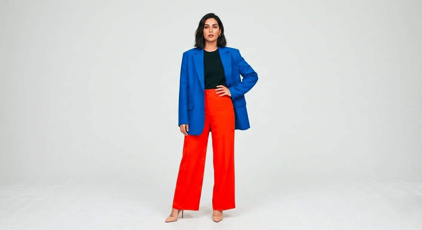 Color block boss lady outfit for IWD 2026 — women's empowerment fashion with bold cobalt and red power look