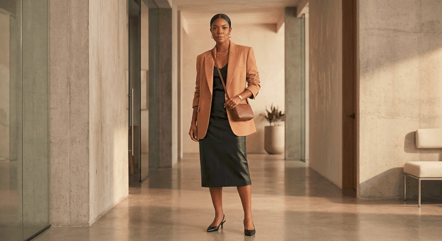 Corporate baddie outfit for Women's Day — midi skirt and structured blazer power look for professional women