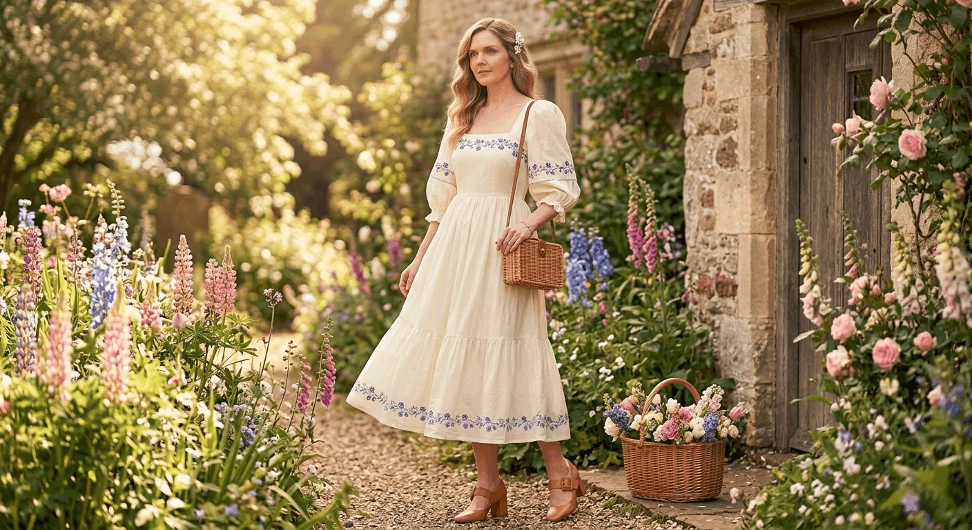 Woman wearing a white cottagecore Easter dress with blue floral embroidery, puff sleeves, and a tiered midi skirt styled with Mary Jane heels in a spring garden