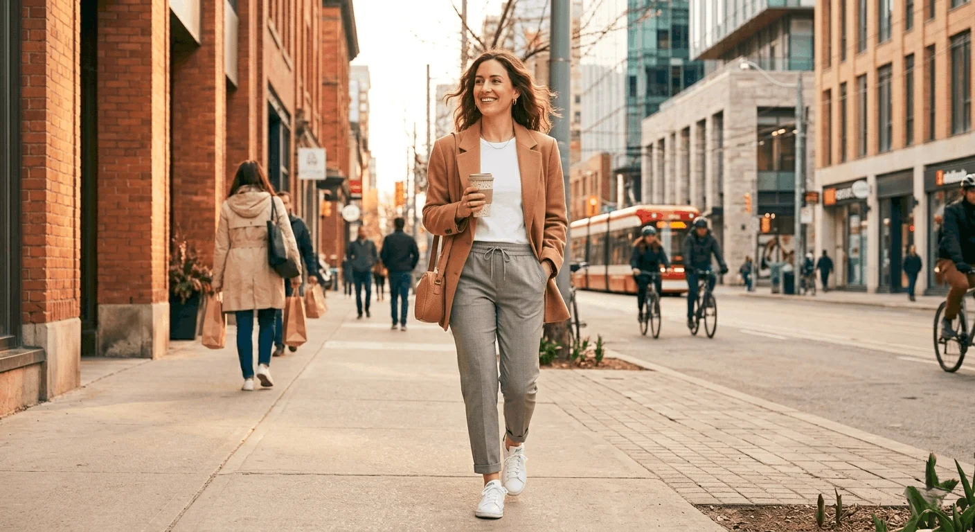Cozy chic spring looks for Canadian women – woman in oversized camel blazer, white tee, tailored trousers, and white sneakers