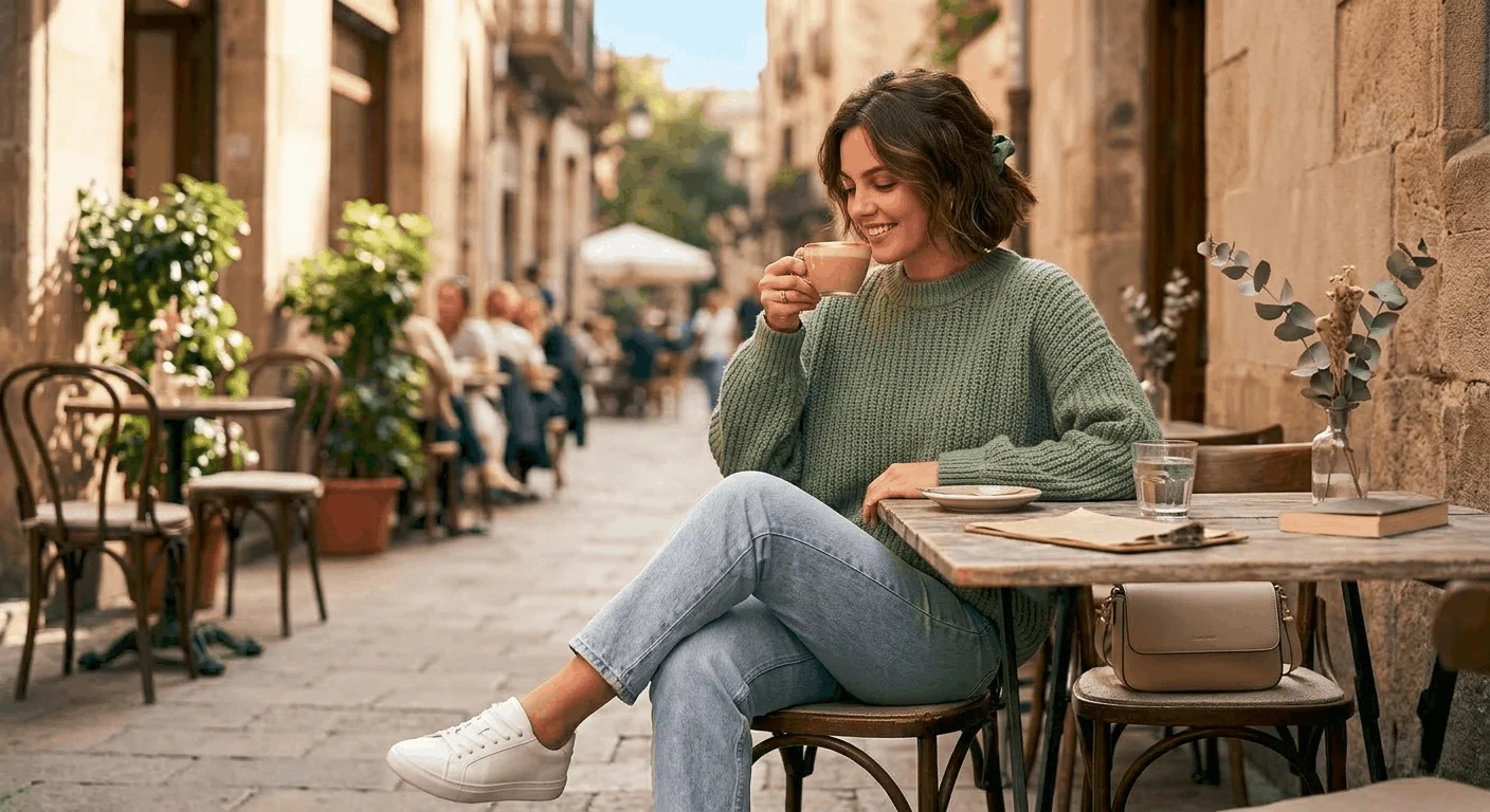 Cozy green outfit for St. Patrick's Day — woman in sage green oversized knit sweater with light-wash jeans and white sneakers at a café