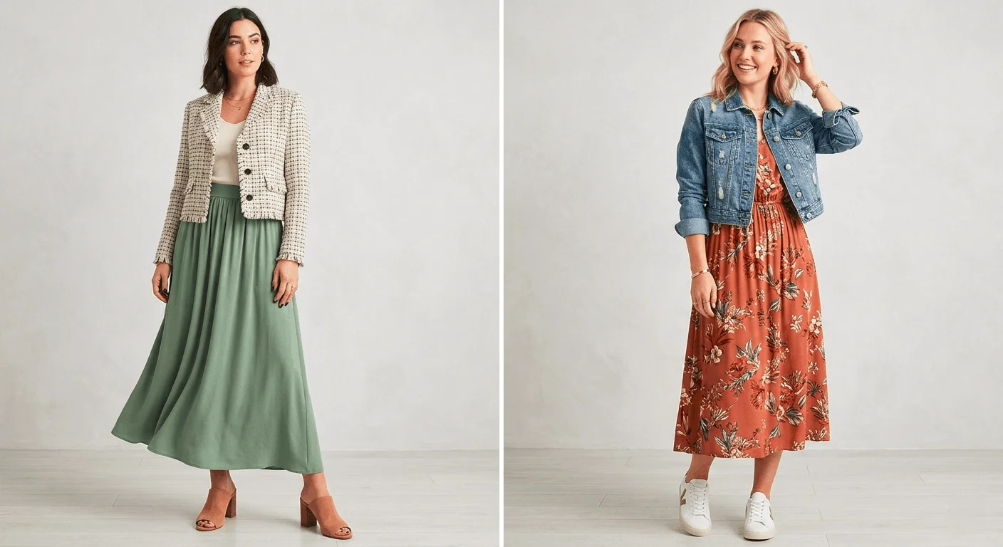 Cropped jacket outfit spring 2026 — two styling options: cropped tweed blazer with midi skirt and cropped denim jacket over floral dress