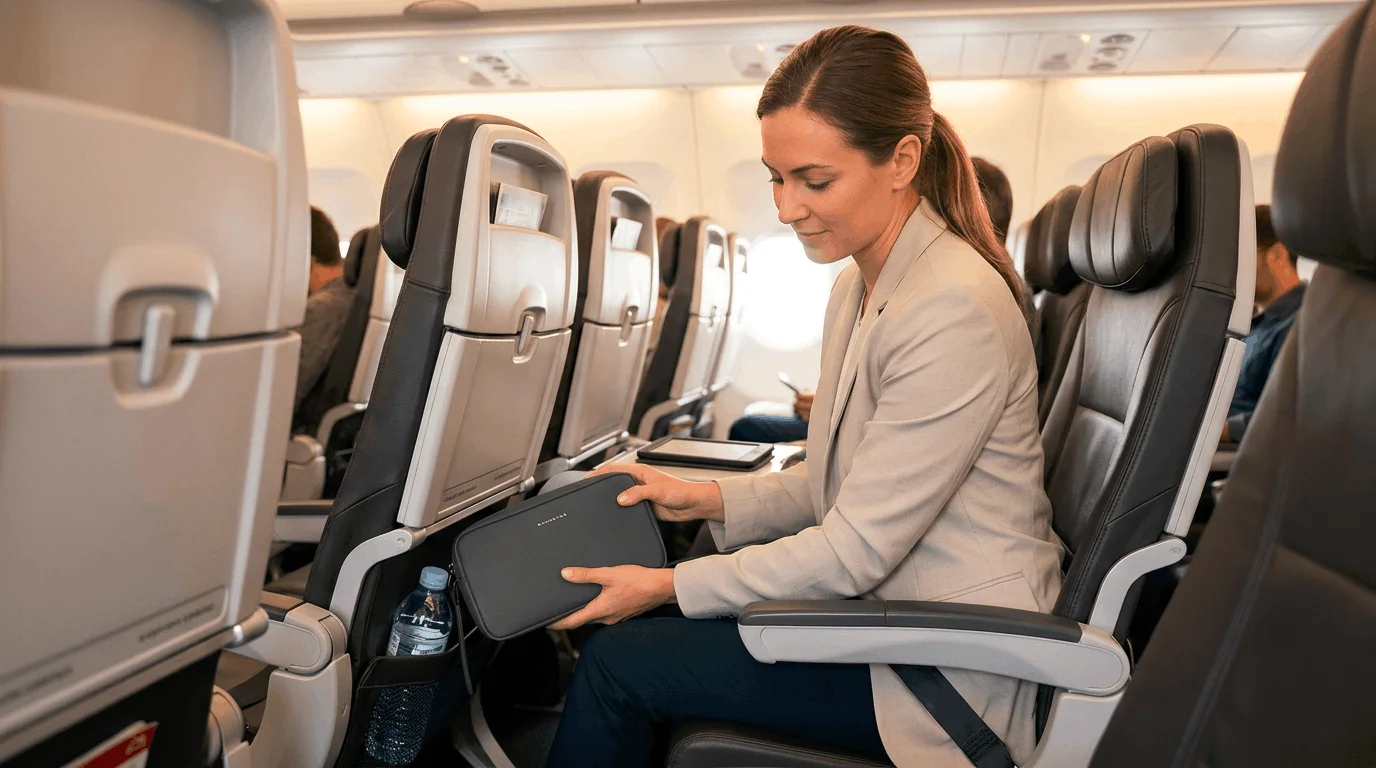Woman placing a travel crossbody bag that fits as an airline personal item under the seat on an airplane