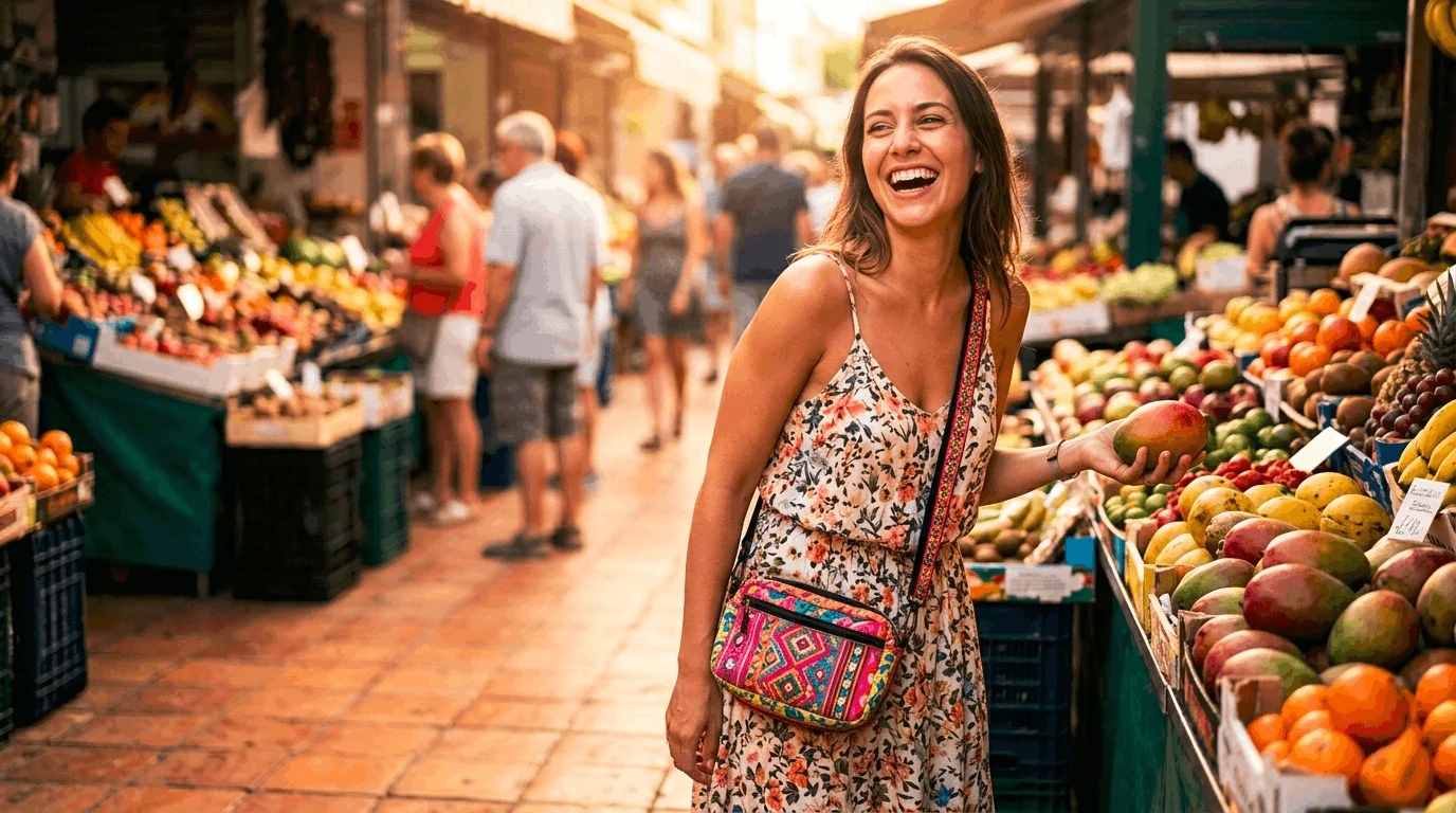 Woman wearing a stylish crossbody bag on a summer vacation at a Mediterranean outdoor market — crossbody bag summer vacation women