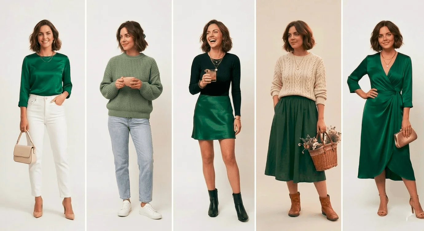 Cute St. Patrick's Day outfits for women 2026 — five stylish green outfit ideas including emerald dress, sage knit, forest mini skirt and soft Irish girl look