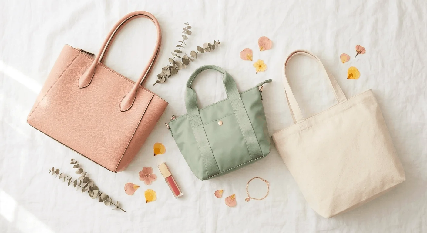 Three cute and stylish tote bags under $50 in pink sage and white on a flat lay — affordable tote bags worth buying in 2026