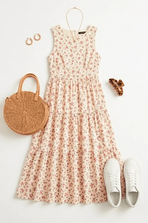Outfit flatlay showing a ditsy floral dress for spring 2026 styled with white trainers, a wicker tote bag, and delicate gold jewellery on a clean white background