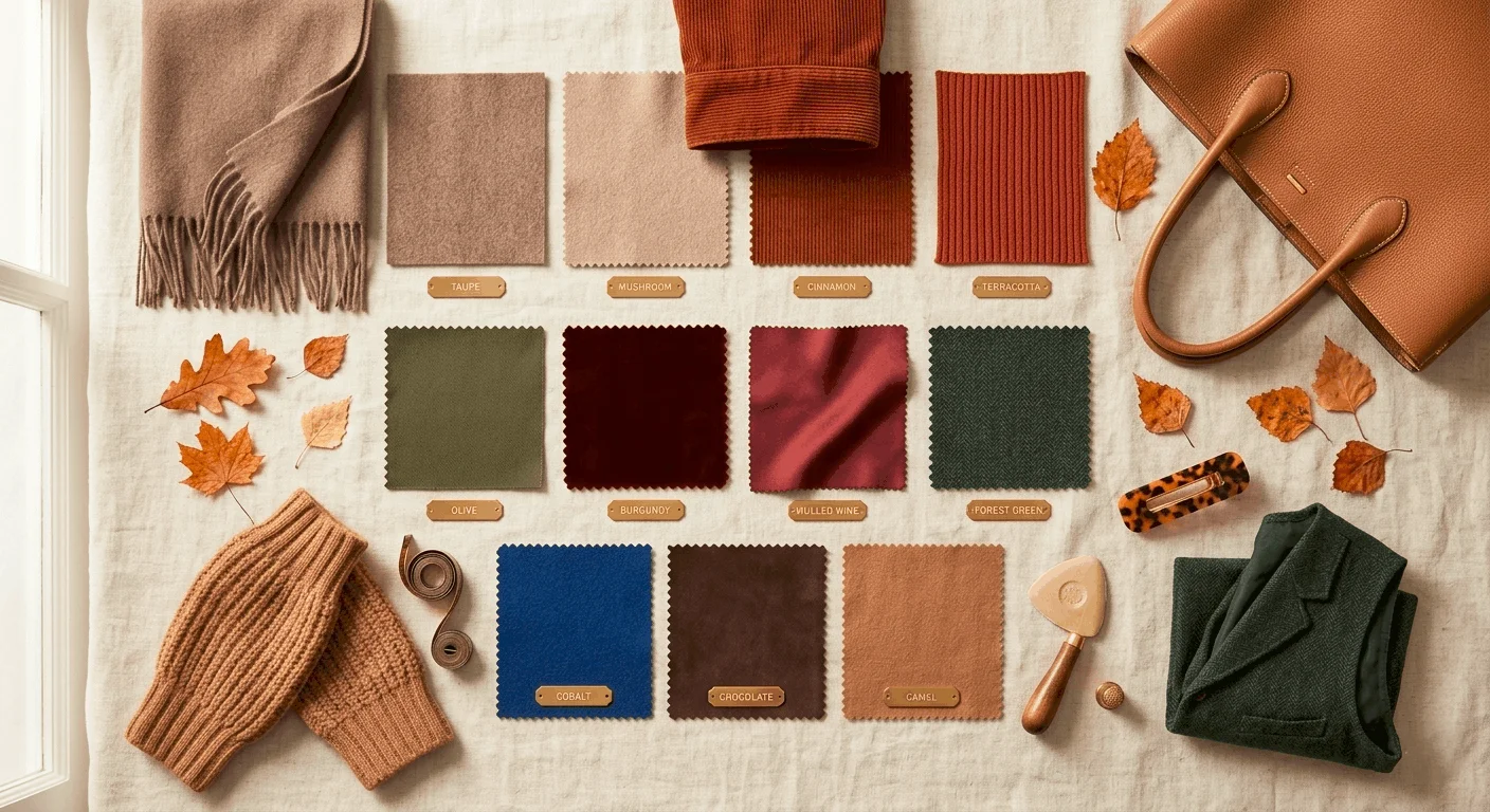 Earthy tones fashion Australia 2026 — autumn colour palette flatlay with terracotta, burgundy, olive, camel and chocolate brown fabric swatches
